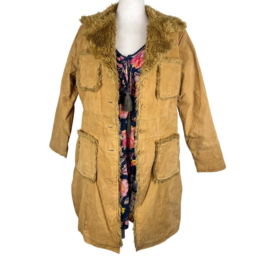 RAG Tan Suede Penny Lane Jacket Womens Large Faux Fur Trim Western Boho Vintage